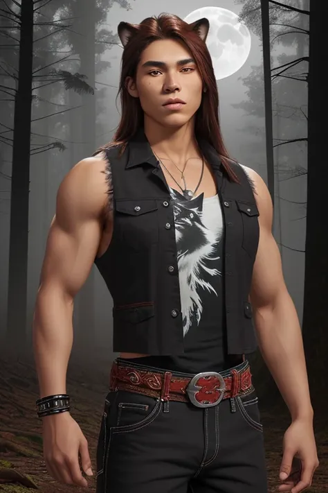 20-year-old Native American man, green eyes, reddish brown hair, sleeveless shirt, muscular build, black and red vest, black denim pants, wolf print on a forest background with fog, silver moon buckle, black belt 