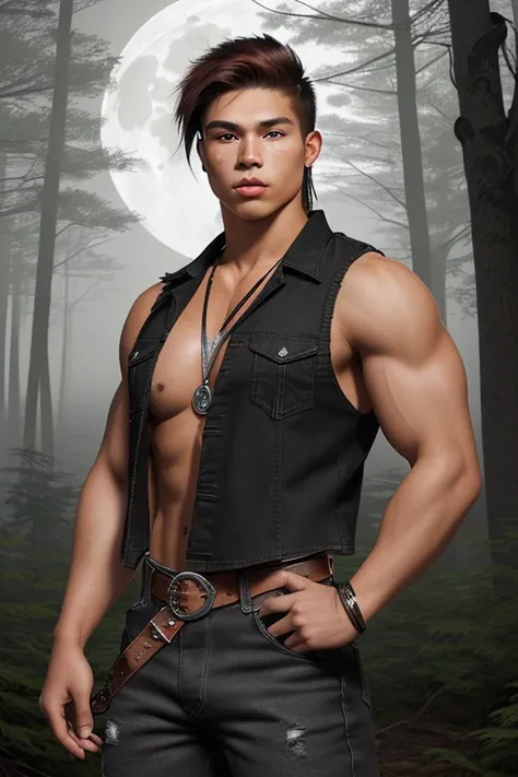 20-year-old Native American man, green eyes, reddish brown hair, sleeveless shirt, muscular build, black and red vest, black denim pants, wolf print on a forest background with fog, silver moon buckle, black belt 