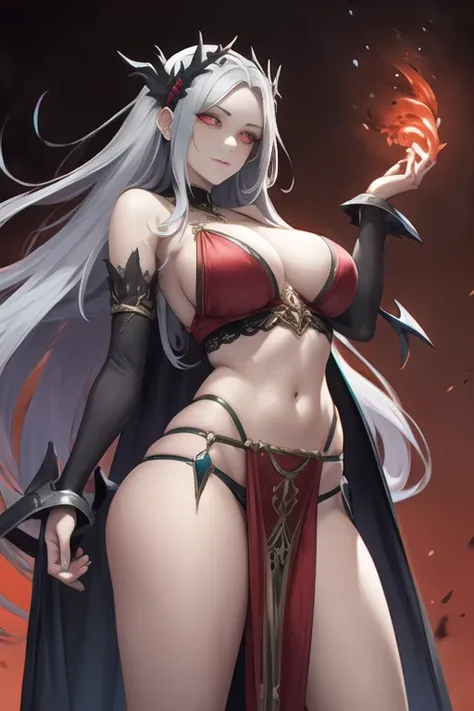  deadly sin lust, rare, cursed maiden, loincloth, lustful armor, beautiful woman, long silver hair, red glowing eyes, 