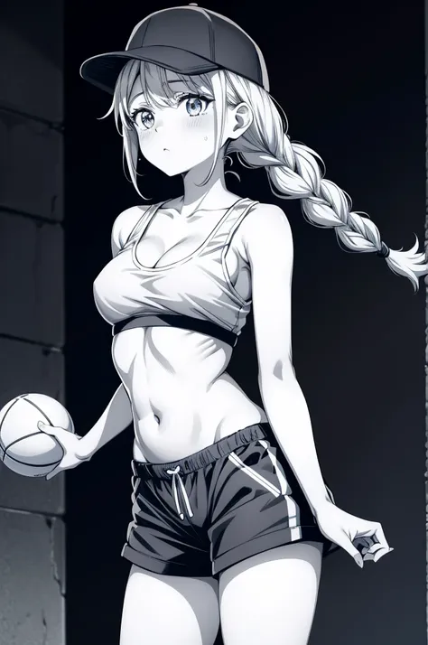 kawaii style drawing of woman with braided ponytail and basketball shorts anime, 1girl, twin braids, breasts, solo, hat, braid, long hair, shorts, navel, monochrome, sports bra, blue eyes, blush, looking at viewer, cleavage, collarbone, baseball cap, greys...