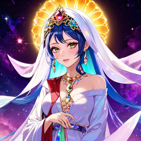 Yuna, Girls Day, Haifa Wehbe, full body, nebula eyes, in iridescent greek robe, iridescent hair, prism, flower headdress, flowers in hair, long dress with train that trails elegantly behind, slender, wistful, crying eyes, veils, jewelry, elf ears, teary, w...