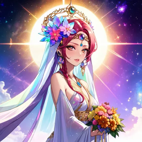 Yuna, Girls Day, Haifa Wehbe, full body, nebula eyes, in iridescent greek robe, iridescent hair, prism, flower headdress, flowers in hair, long dress with train that trails elegantly behind, slender, wistful, crying eyes, veils, jewelry, elf ears, teary, w...