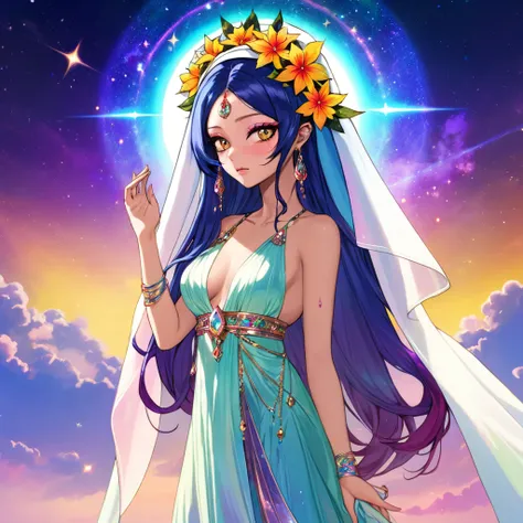 Yuna, Girls Day, Haifa Wehbe, full body, nebula eyes, in iridescent greek robe, iridescent hair, prism, flower headdress, flowers in hair, long dress with train that trails elegantly behind, slender, wistful, crying eyes, veils, jewelry, elf ears, teary, w...