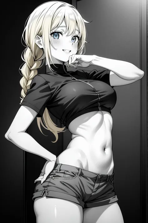 a woman next to dog has blonde hair and holds a knife in front of her teeth as she smiles, 1girl, solo, breasts, shorts, monochrome, long hair, navel, braid, spot color, greyscale, short sleeves, dolphin shorts, large breasts, shirt, blush, midriff, stomac...