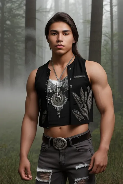 20-year-old Native American man, green eyes, light brown hair, sleeveless shirt, muscular build, black and silver vest, black jeans printed with grass in a forest background with fog, silver moon buckle, black belt 