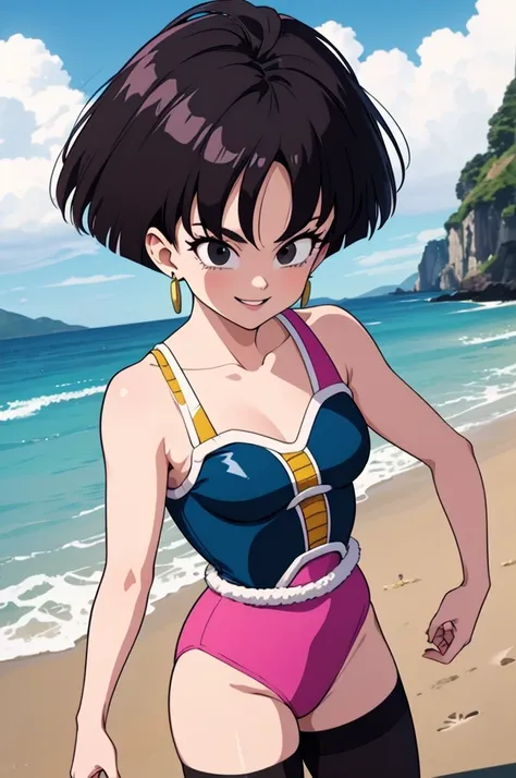 (masterpiece, best quality), fasha, 1 girl, solo, black eyes, black hair, short hair, spiked hair, earrings, saiyan armor, pink ...