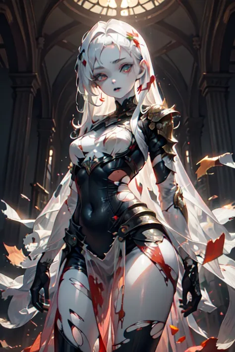 ghost, 1girl, (Translucent pale skin:1.6), No humans, armor two piece suit, red hair, partial fused exoskeleton, Beautiful eyes with fine symmetry, (torn:1.4), (Intricate details:1.4), (Highly detailed face and eyes:1.2), slim figure, posing for a photo, b...