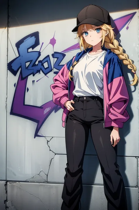 the cartoon is a female with large hair standing against a wall with graffiti on it, 1girl, solo, blonde hair, twin braids, blue eyes, hat, braid, long hair, jacket, shirt, looking at viewer, pants, white shirt, black headwear, baseball cap, shirt tucked i...