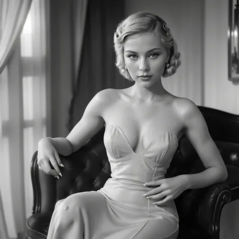 a beautiful, perfect blonde woman in a gorgeous dress, (black and white image from the 1920s), (60s image), (best quality, high-res, masterpiece:1.2), ultra-detailed, realistic: 1.37, glamorous vintage portrait, elegant fashion, retro aesthetic, artistic l...