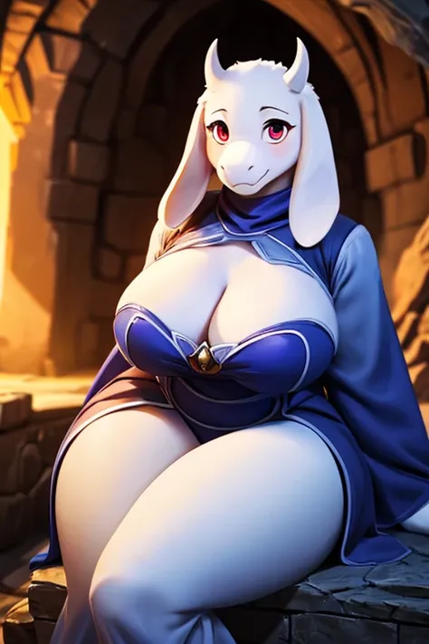 character from Undertale Toriel, goat Furry, Beautiful cute face, Innocent, Charming, Sexually calm facial expression, Facing the camera, The body is covered with wool, Skin color: white, Body glare, ((pretty eyes)), red-eyes, ((Perfect Sexy Figure)), Curv...