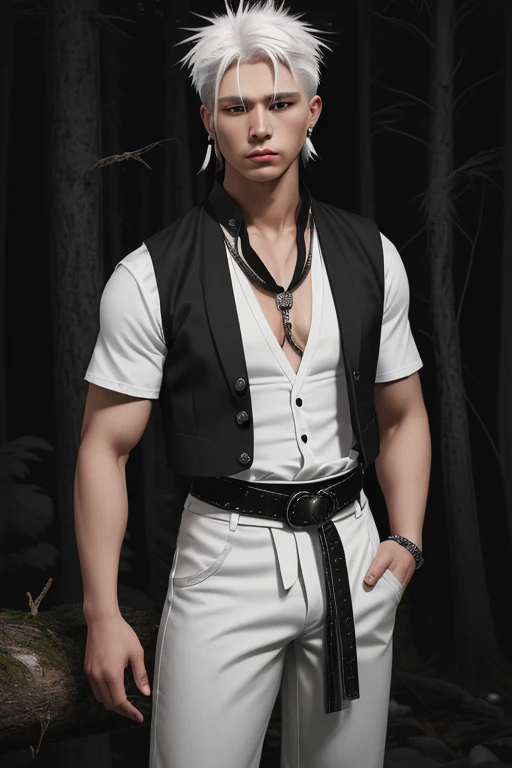 20 year old man white hair muscular build native American white hair cut black shirt black vest black pants black belt with silver buckle night forest background 