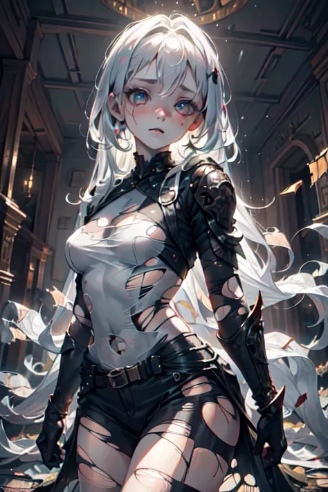 ghost girl, 1girl, (Translucent pale skin:1.4), No humans, armor two piece suit, partial fused exoskeleton, Beautiful eyes with fine symmetry, (torn:1.8), tears of blood, (Intricate details:1.4), (Highly detailed face and eyes:1.2), slim figure, posing for...