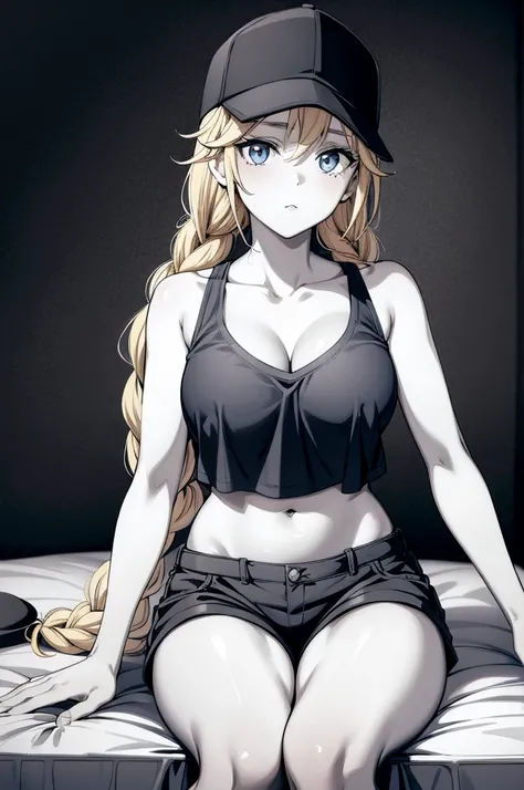 (((grayscale)))the girl in the black hat sitting on a cat bed with a hat on, 1girl, breasts, solo, hat, baseball cap, spot color, cleavage, navel, shorts, looking at viewer, long hair, monochrome, thighs, blue eyes, braid, stomach, crop top, sitting, sleev...