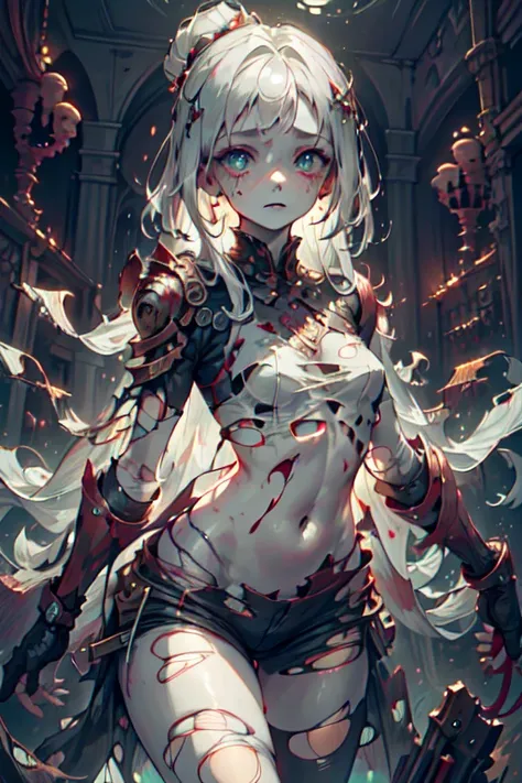 ghost girl, 1girl, (Translucent pale skin:1.4), No humans, armor two piece suit, partial fused exoskeleton, Beautiful eyes with fine symmetry, (torn:1.8), tears of blood, (Intricate details:1.4), (Highly detailed face and eyes:1.2), slim figure, posing for...