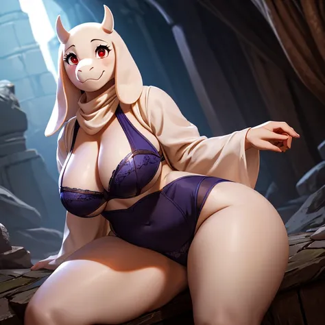 character from Undertale Toriel, goat Furry, Beautiful cute face, Innocent, Charming, Sexually calm facial expression, Facing the camera, The body is covered with wool, Skin color: white, Body glare, ((pretty eyes)), red-eyes, ((Perfect Sexy Figure)), Curv...