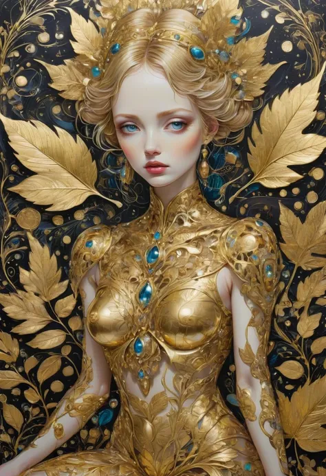 Gold Leaf Art, Gold Foil, best quality, masterpiece, very aesthetic, perfect composition, intricate details, ultra-detailed, by Del Kathryn Barton