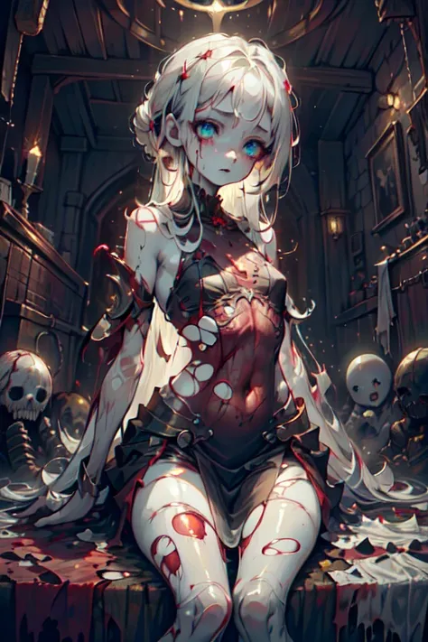 ghost girl, 1girl, (Translucent pale skin:1.4), No humans, dress, partial fused exoskeleton, Beautiful eyes with fine symmetry, (torn:1.4), tears of blood, (Intricate details:1.4), (Highly detailed face and eyes:1.2), slim figure, posing sitting for a phot...