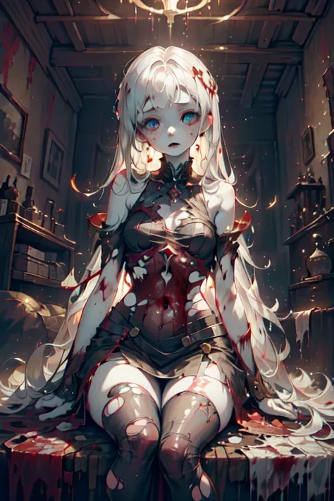 ghost girl, 1girl, (Translucent pale skin:1.4), No humans, dress, partial fused exoskeleton, Beautiful eyes with fine symmetry, (torn:1.4), tears of blood, (Intricate details:1.4), (Highly detailed face and eyes:1.2), slim figure, posing sitting for a phot...