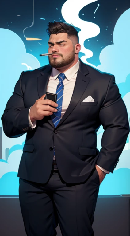 Cartoon illustration for logo of an overweight man in a suit holding a wotofo electronic cigarette giving off a lot of vapor