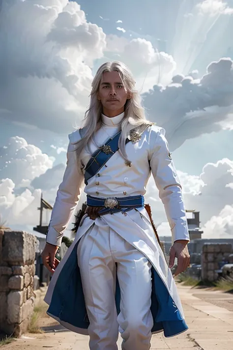 male 30 years old long white hair in white silver and blue royal calvary uniform with a storm cloud in the background