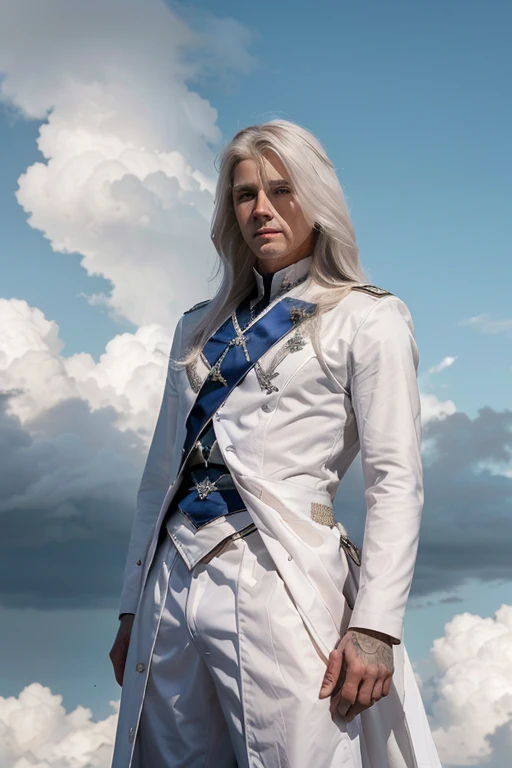 male 30 years old long white hair in white silver and blue royal calvary uniform with a storm cloud in the background