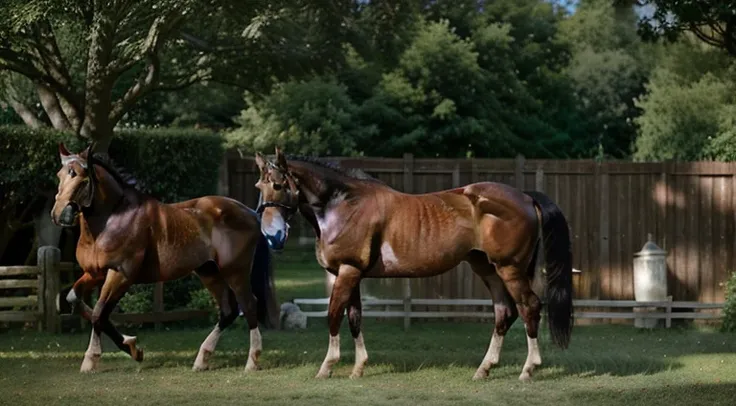 Horses grazing in the tranquil countryside, lush green grass beneath their hooves, Sunlight filtering through the trees, casting dappled shadows on their glistening coats, Strong and sturdy builds, muscles rippling as they move, Ears pricked forward, alert...