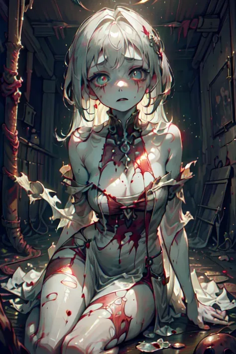 ghost girl, 1girl, (Translucent pale skin:1.4), No humans, dress, Beautiful eyes with fine symmetry, (torn:1.4), tears of blood, (Intricate details:1.4), (Highly detailed face and eyes:1.2), slim figure, Definition and sharpness of textures, posing sitting...