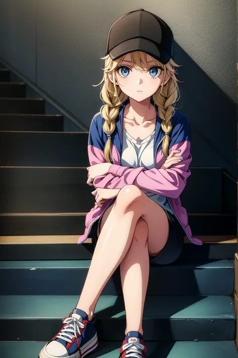 a female sits on stairs while waiting for help in a horror-themed painting, 1girl, solo, hat, baseball cap, long hair, blonde hair, blue eyes, looking at viewer, shorts, sitting, shoes, braid, crossed arms, sneakers, breasts, jacket, collarbone