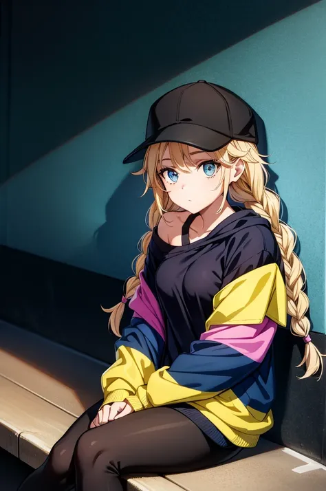 a man in a baseball cap sits on a bench with graffiti on the wall, 1girl, solo, blue eyes, blonde hair, black headwear, hat, twin braids, jacket, braid, baseball cap, sitting, black footwear, long hair, leggings, looking at viewer, multicolored jacket, off...