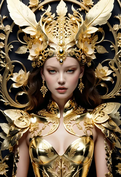 Gold Foil Art, by Alexander McQueen, (masterpiece, best quality, Professional, perfect composition, very aesthetic, absurdres, ultra-detailed, intricate details:1.3)