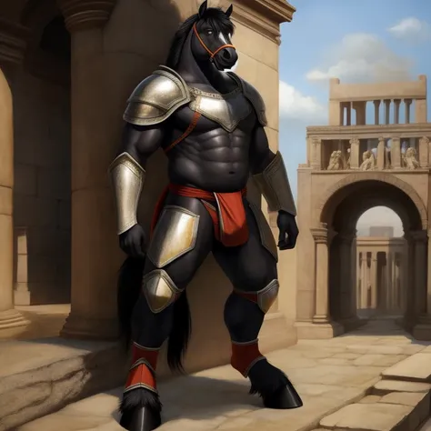 Furry, Antro, [Horse color dark Brown metal] , [Fundoshi Bulto Male Big], [Fundoshi White], Solo, [Bulto Male Big], Normal Balls, Hooves , Detallado, cuerpo completo, cuerpo furry Brown dark, Fondo Ciudad Romano, pupil Eyes, Alta resolucion, Armor Lance, B...