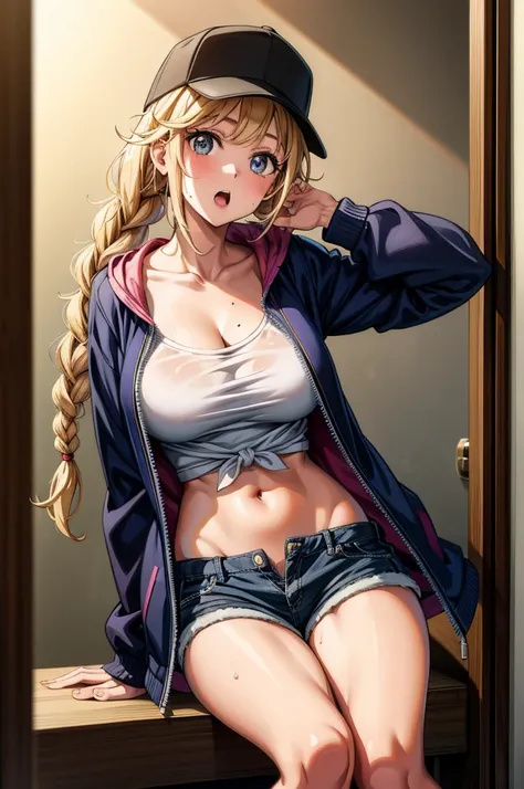 a beautiful young woman in a hat tying her jeans high up on her leg, 1girl, breasts, solo, navel, twin braids, blonde hair, shorts, braid, jacket, hat, long hair, open mouth, sweat, mole, looking at viewer, large breasts, bangs, shirt, open jacket, cleavag...