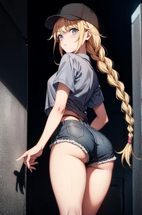 (((grayscale)))(masterpiece:1.2, best quality), (graffiti wall:1.15)a girl with long hair and beatiful legs is posing in red shorts and shirt, 1girl, shorts, braid, ass, long hair, solo, pink shorts, blonde hair, hat, baseball cap, blue eyes, twin braids, ...