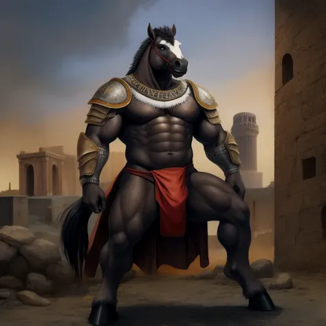 Furry, Antro, [Horse color dark Black metal] , [Fundoshi Bulto Male Big], [Fundoshi White], Solo, [Bulto Male Big], Big Balls, Hooves , Detallado, cuerpo completo, body furry Brown dark, Fondo Ciudad Romano, pupil Eyes, Alta resolucion, Armor Lance, 