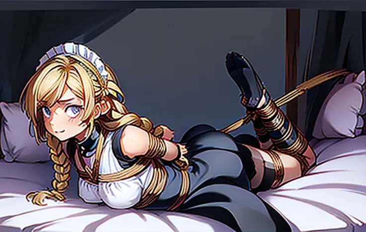 Shiny blond hair, very long hair, sophisticated haircut, ((((hair fully braided)))), ((small twisted braids)), thin and oval face, submissive, ((((black maid dress)))), cute and blushing 18 years old anime girl, look away because she is embarrassed and blu...