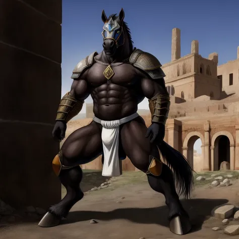 Furry, Antro, [Horse color dark Black metal] , [Fundoshi Bulto Male Big], [Fundoshi White], Solo, [Bulto Male Big], Big Balls, Hooves , Detallado, cuerpo completo, body furry Brown dark, Fondo Ciudad Romano, pupil Eyes, Alta resolucion, Armor Lance, 