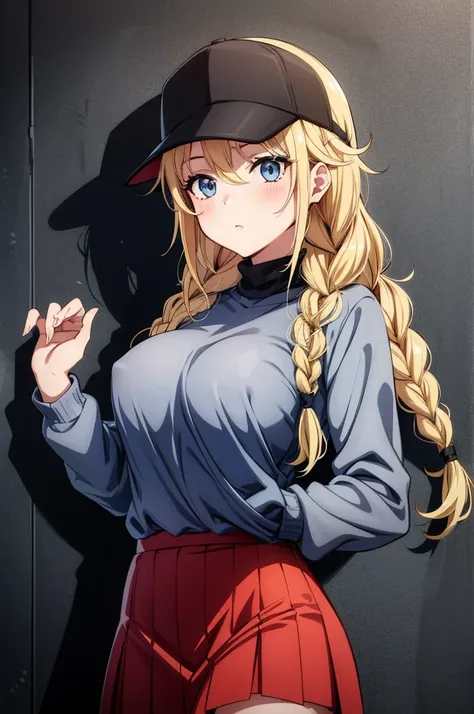 (((grayscale)))(masterpiece:1.2, best quality), (graffiti wall:1.15),an anime style woman wearing a hat with a red hoodie and a skirt, 1girl, solo, braid, breasts, blonde hair, twin braids, red sweater, hat, long hair, blue eyes, sweater, large breasts, bl...