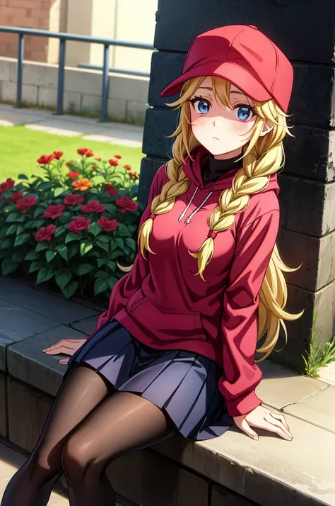 a pretty girl in a red hoodie and hat is sitting with flowers behind her, 1girl, solo, braid, hat, long hair, breasts, blue eyes, blonde hair, skirt, pantyhose, blush, white pantyhose, flower, hood, baseball cap, long sleeves, black headwear, pleated skirt...