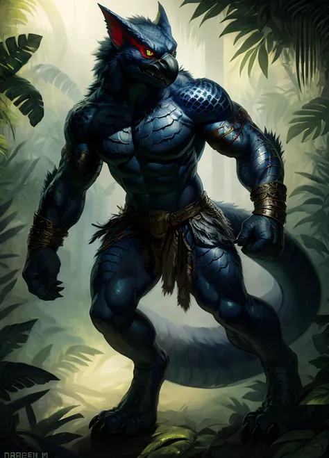 ((solo)), thin, male, anthro, nargacuga, male, dark ambience, by darkgem, looking at viewer, barbarian outfit, (pecs, abs:0.4), ...