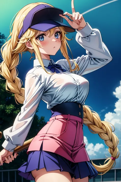 an anime woman in hat and visor looking into the distance through sunglasses, 1girl, solo, hat, breasts, blue eyes, twin braids, braid, blonde hair, large breasts, baseball cap, long hair, blush, long sleeves, skirt