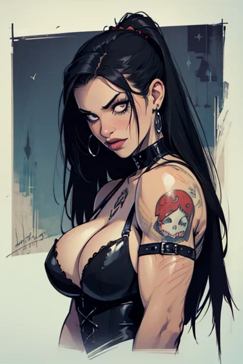 una mujer (massive breasts, glossy, cleavage, full lips) con cabello negro largo y vistiendo una falda corta negra, ojos azules, arte zombie, gothic art, nice aesthetic with vibe, cartoon aesthetic, vistiendo traje rojo, wearing gothic accessories, parecer...