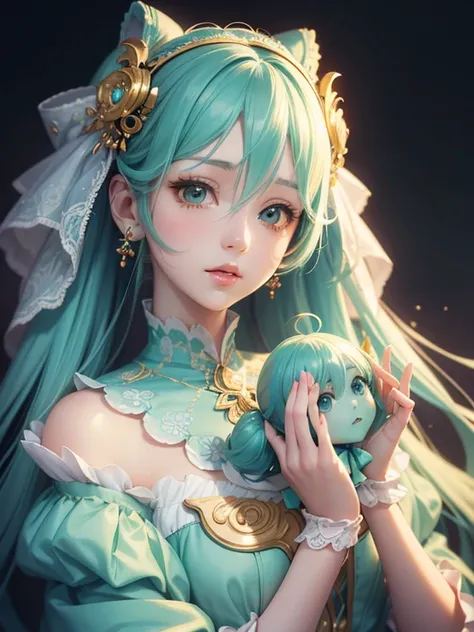 mirai, Hatsune Miku,detailed doll, realistic features, porcelain face, intricate eyes and lips, delicate hair, lifelike skin, exquisite craftsmanship, vintage dress, whimsical pose, soft lighting, pastel color palette, art nouveau style, dreamlike atmosphe...