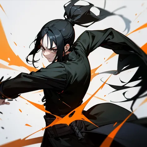 A boy with long black hair in a ponytail is black eyes is scars is then a katana is a black jacket is orange in demon slayer 