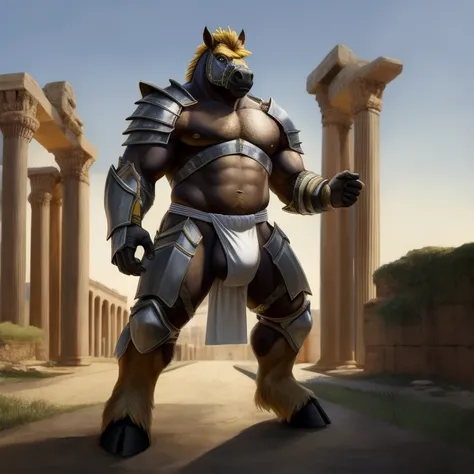 Furry, Antro, [Horse color Yelow metal] , [Fundoshi Bulto Male Big], [Fundoshi White], Solo, [Bulto Male Big], Big Balls, Hooves , Detallado, cuerpo completo, body furry White, Fondo Ciudad Romano, pupil Eyes, Alta resolucion, Armor metal