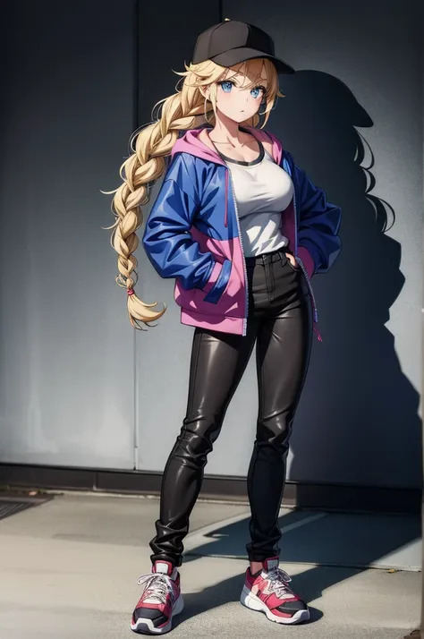 an anime character of the female gender is posing  with the clothing items above her, 1girl, solo, hat, baseball cap, blue eyes, breasts, blonde hair, braid, pants, black headwear, jacket, hands on hips, long hair, looking at viewer, blue jacket, twin brai...