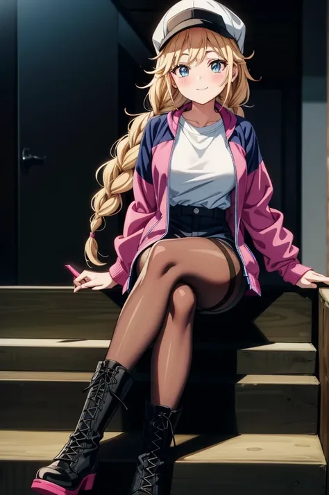 a cartoon woman wearing a pink hat sitting on top of some stairs holding a cell phone, 1girl, hat, pantyhose, blonde hair, solo, breasts, blue eyes, shorts, shirt, sitting, twin braids, braid, boots, black headwear, jacket, large breasts, thighband pantyho...