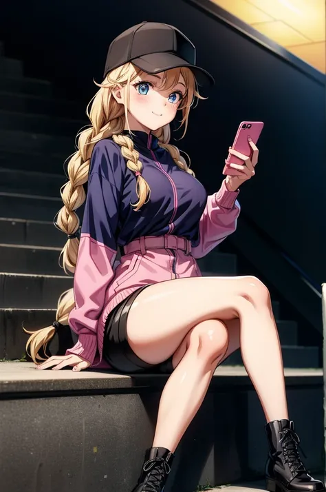 a cartoon woman wearing a pink hat sitting on top of some stairs holding a cell phone, 1girl, hat, pantyhose, blonde hair, solo, breasts, blue eyes, shorts, shirt, sitting, twin braids, braid, boots, black headwear, jacket, large breasts, thighband pantyho...