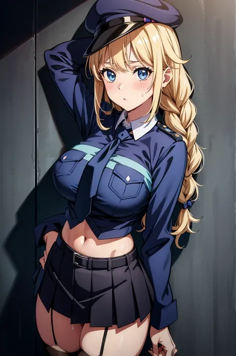 a sexy lady in blue uniform is leaning against a wall with her hand on her breast, 1girl, solo, garter straps, necktie, skirt, navel, blonde hair, breasts, hat, blue eyes, thighhighs, midriff, blue headwear, looking at viewer, belt, shirt, open clothes, bl...