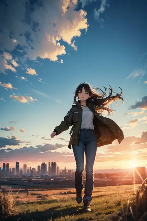 Vast Sky, Beautiful skyline, Wide grassland, A very tense and dramatic photo, Moving visual effects, Polaris in extreme difficulty, Depth of the bounds written, Colorful natural light. rugged jacket, jeans, Girl escaping from darkness.