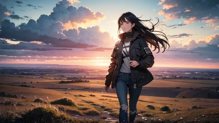 Vast Sky, Beautiful skyline, Wide grassland, A very tense and dramatic photo, Moving visual effects, Polaris in extreme difficulty, Depth of the bounds written, Colorful natural light. rugged jacket, jeans, Girl escaping from darkness.